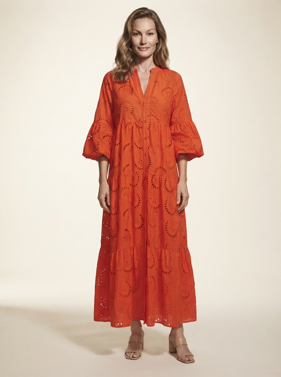 Model wearing orange red lace v-neck bell sleeve maxi dress