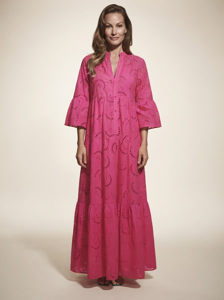 Model wearing rose red lace v-neck bell sleeve maxi dress