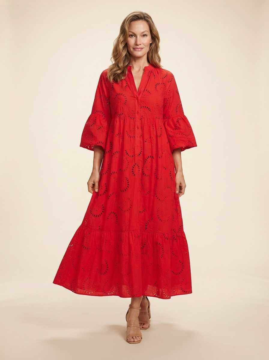 Model wearing bright red lace v-neck bell sleeve maxi dress