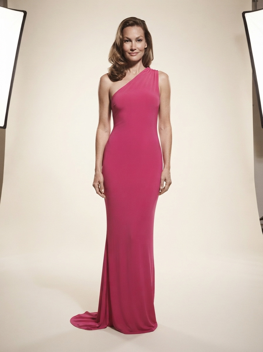 Model wearing rose pink one-shoulder backless maxi dress