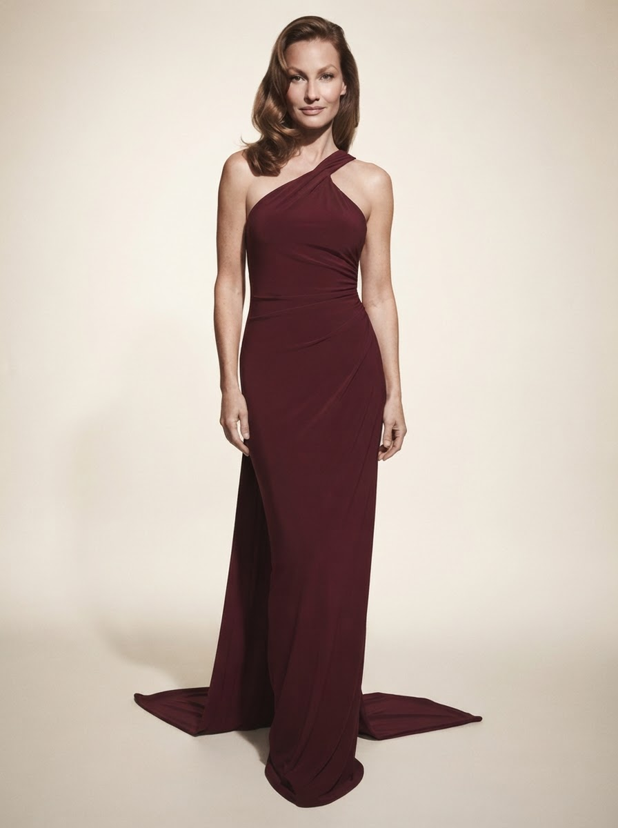 Model wearing deep red one-shoulder backless maxi dress