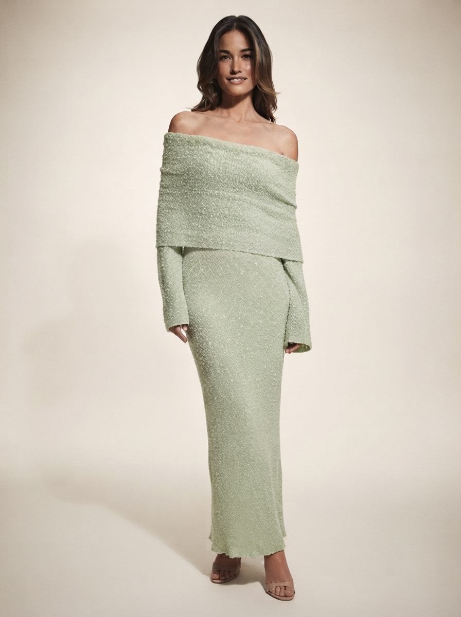 Model wearing green one-shoulder knit beach maxi dress