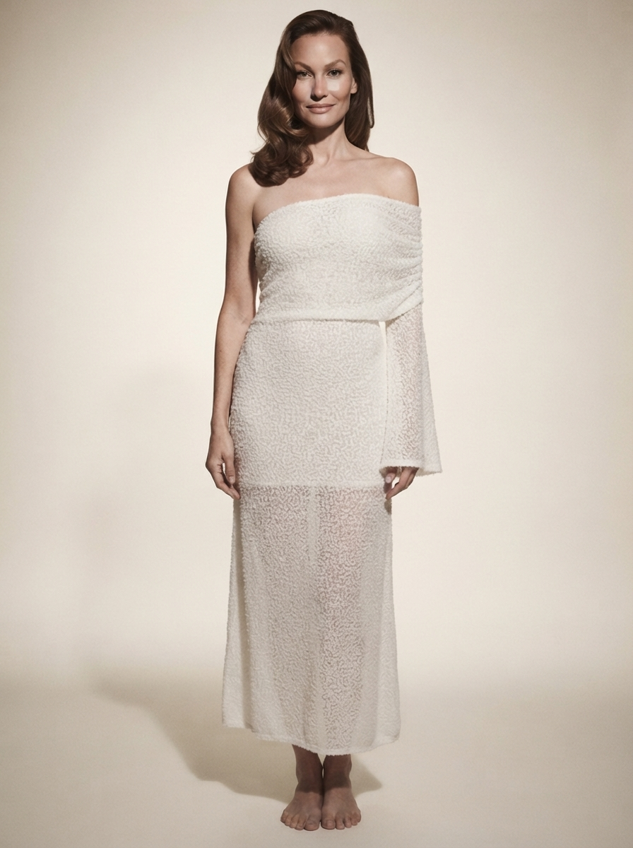 Model wearing white one-shoulder knit beach maxi dress (skirt-style white)