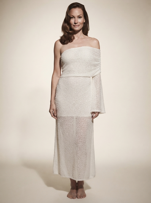 Model wearing white one-shoulder knit beach maxi dress (skirt-style white)