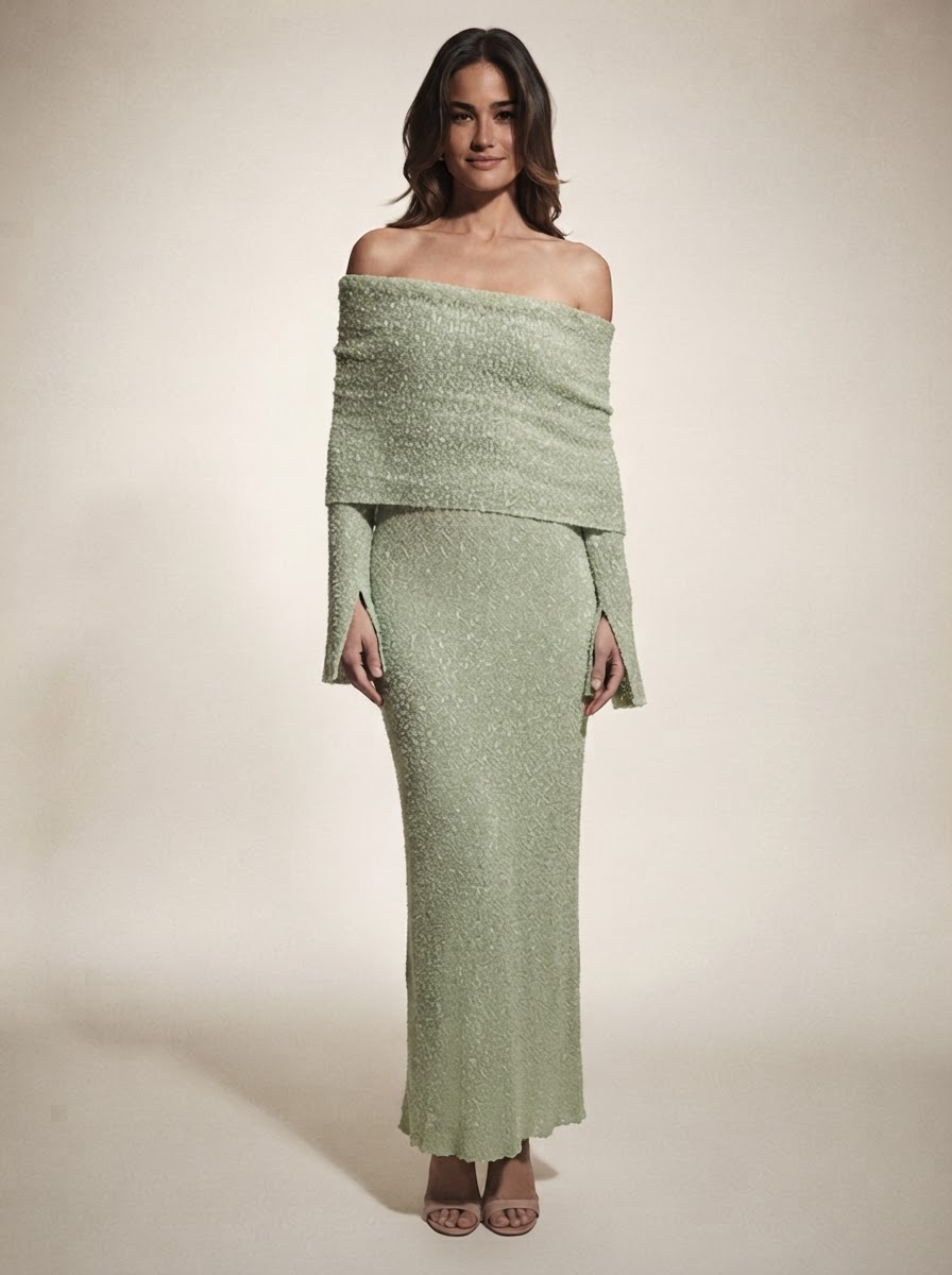 Model wearing green one-shoulder long sleeve knit maxi dress