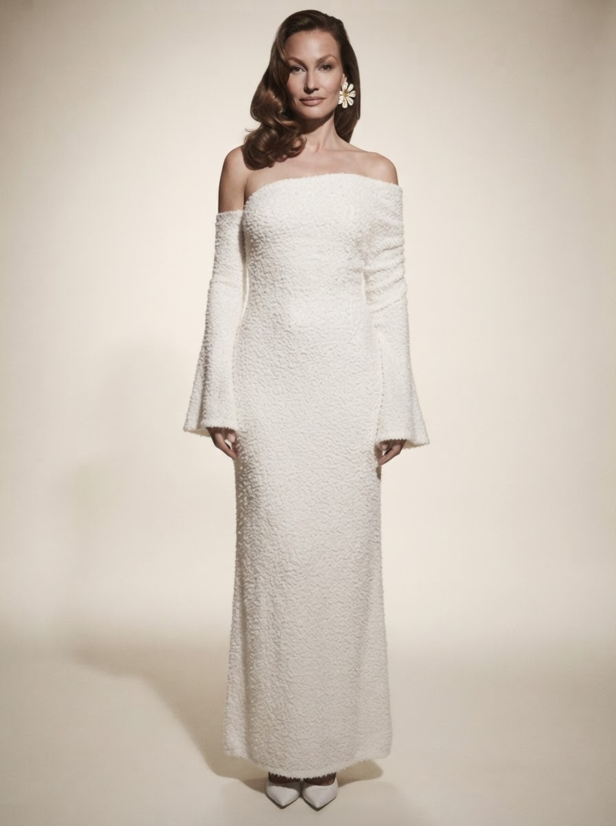 Model wearing white one-shoulder long sleeve knit maxi dress (skirt-style white)