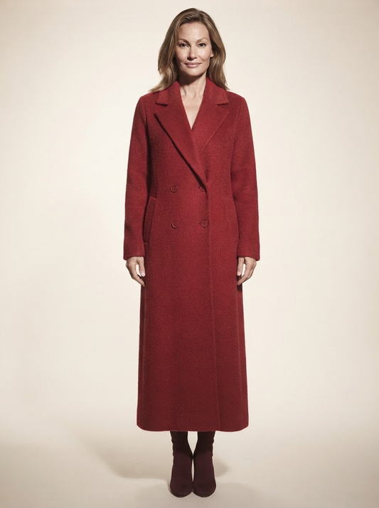 Model wearing red oversized soft-knit maxi coat