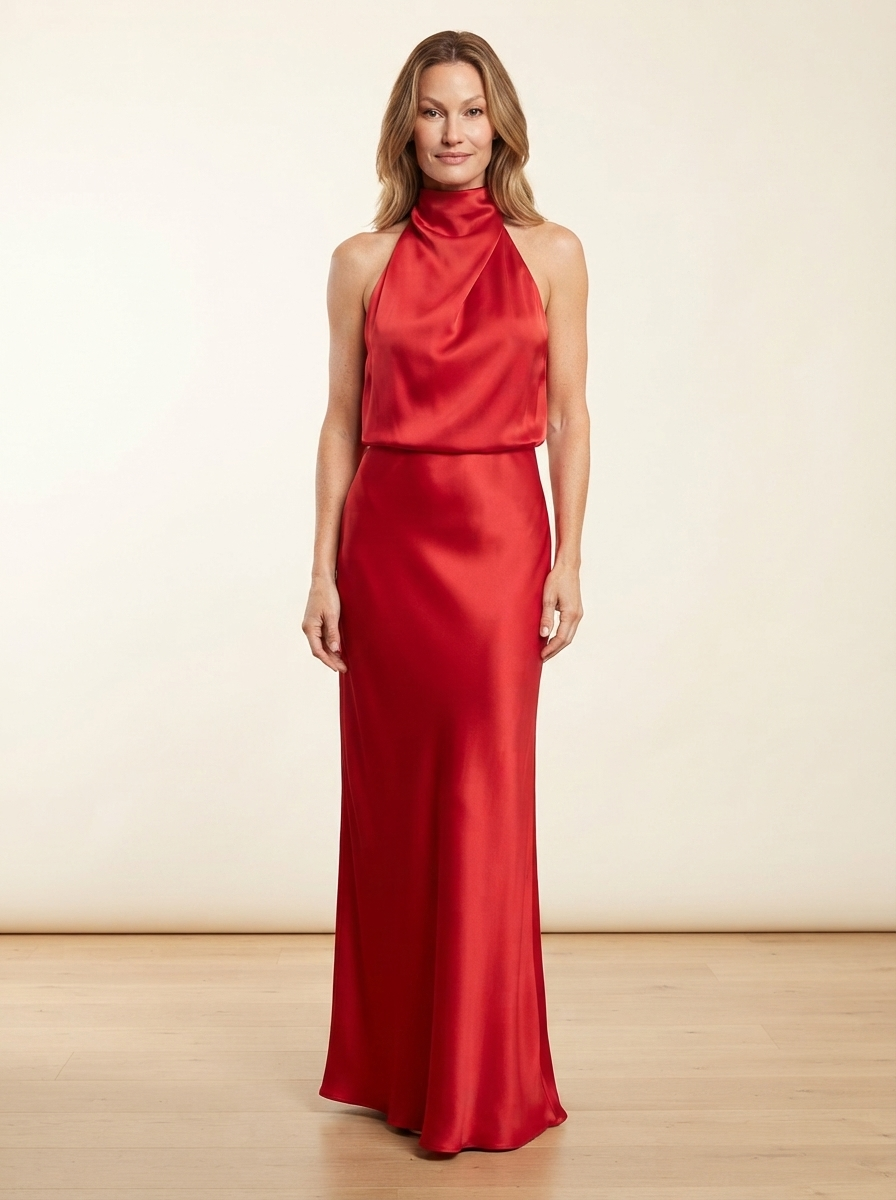 Model wearing bright red satin maxi dress