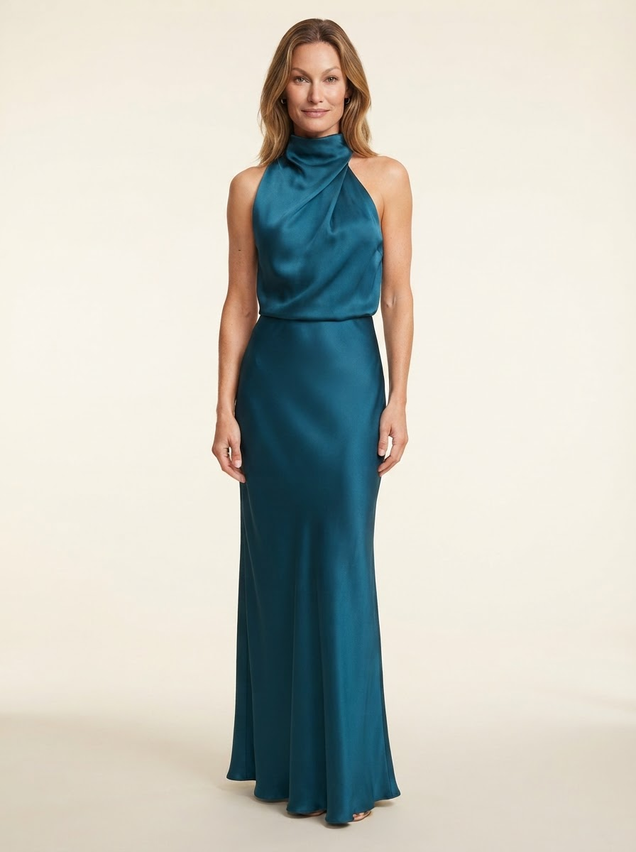 Model wearing lake blue satin maxi dress