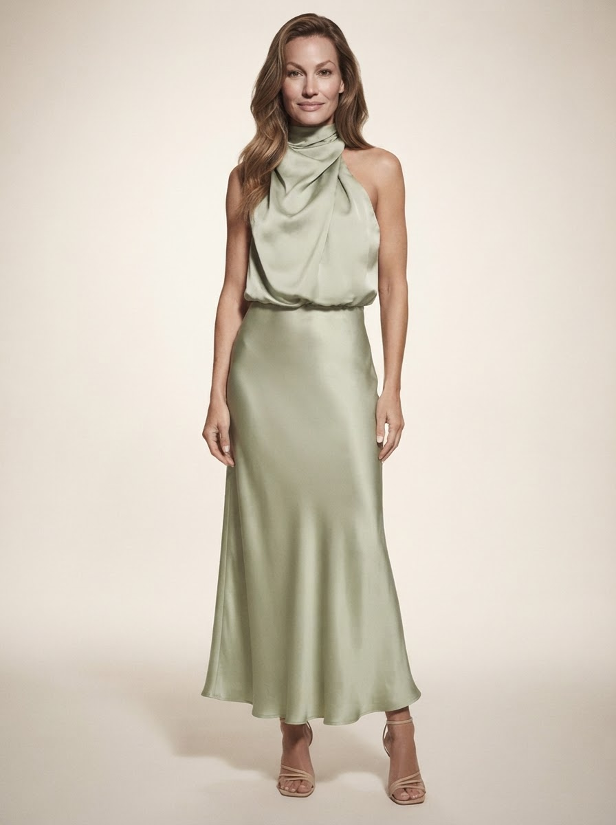 Model wearing light green satin maxi dress