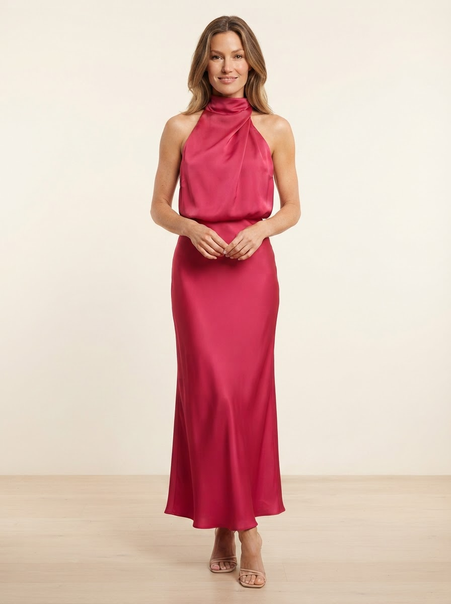 Model wearing rose red satin maxi dress