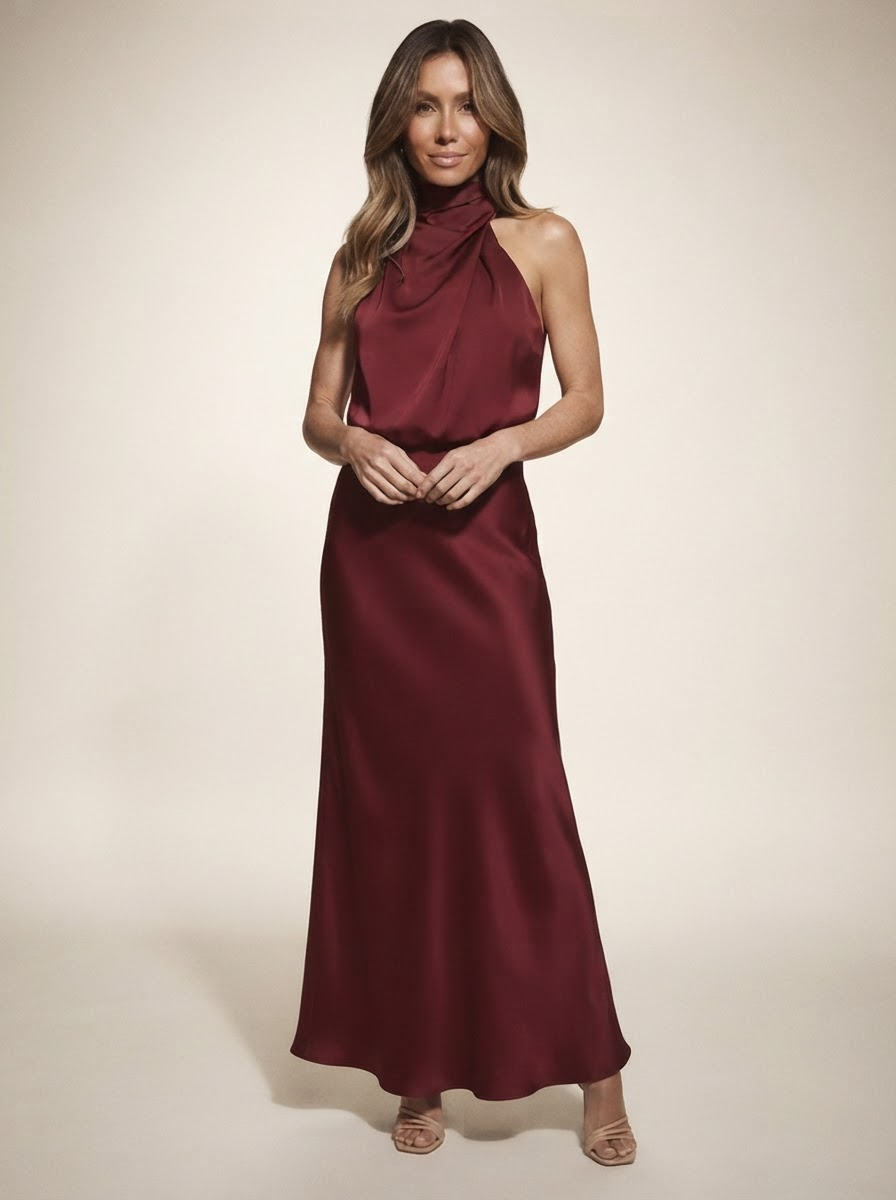 Model wearing wine red satin maxi dress