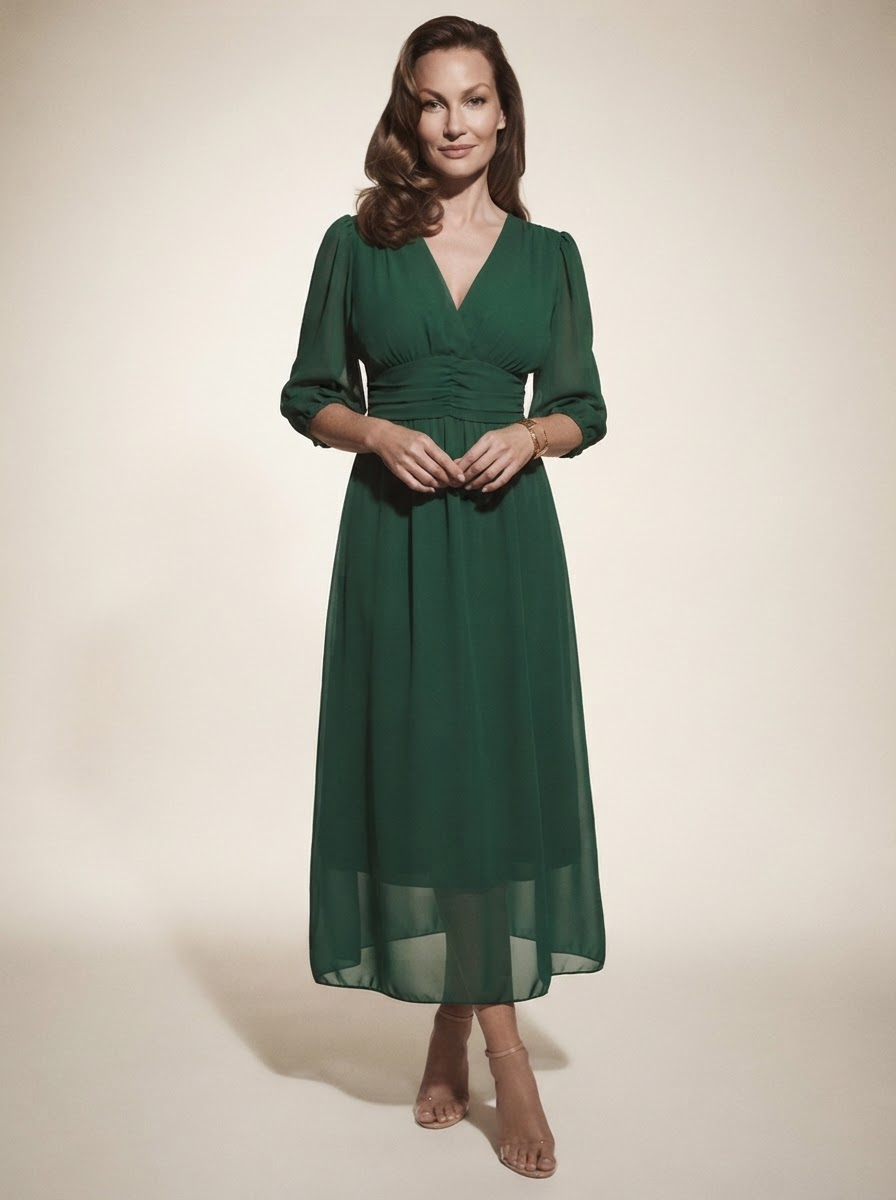 Model wearing green sheer mesh overlay maxi dress