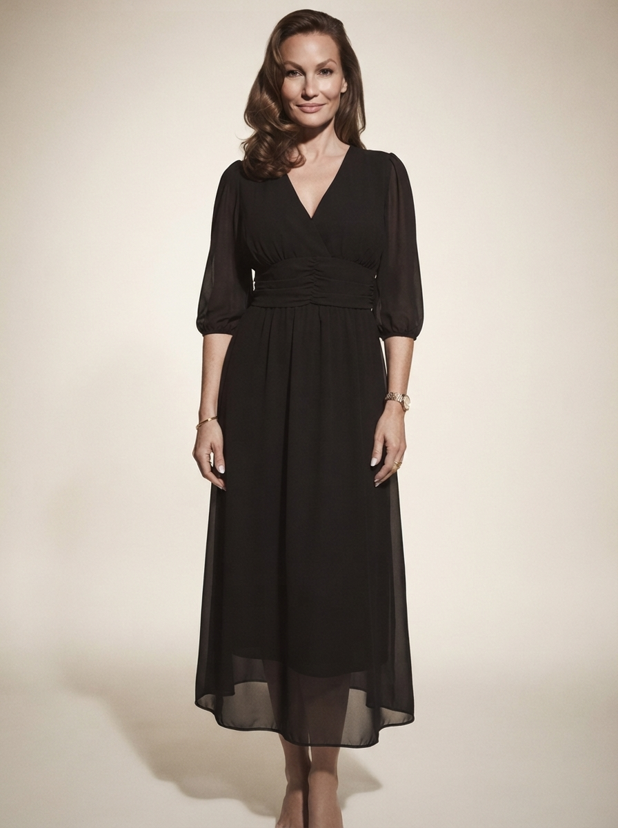 Model wearing black sheer mesh overlay maxi dress