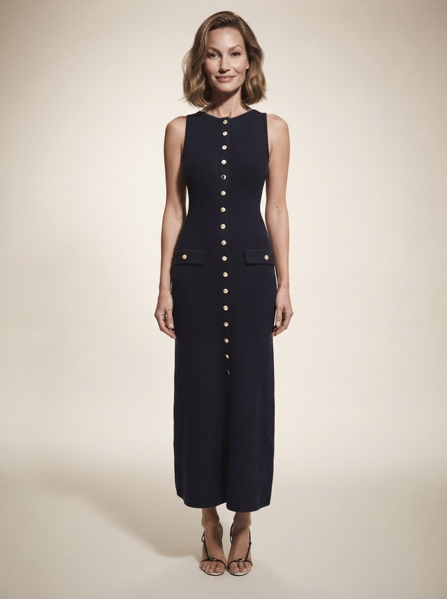 Model wearing blue sleeveless knit maxi dress