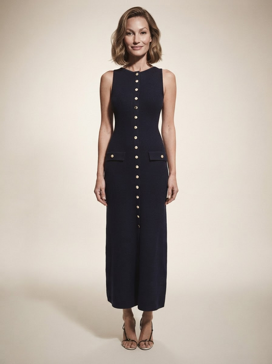 Model wearing blue sleeveless knit maxi dress