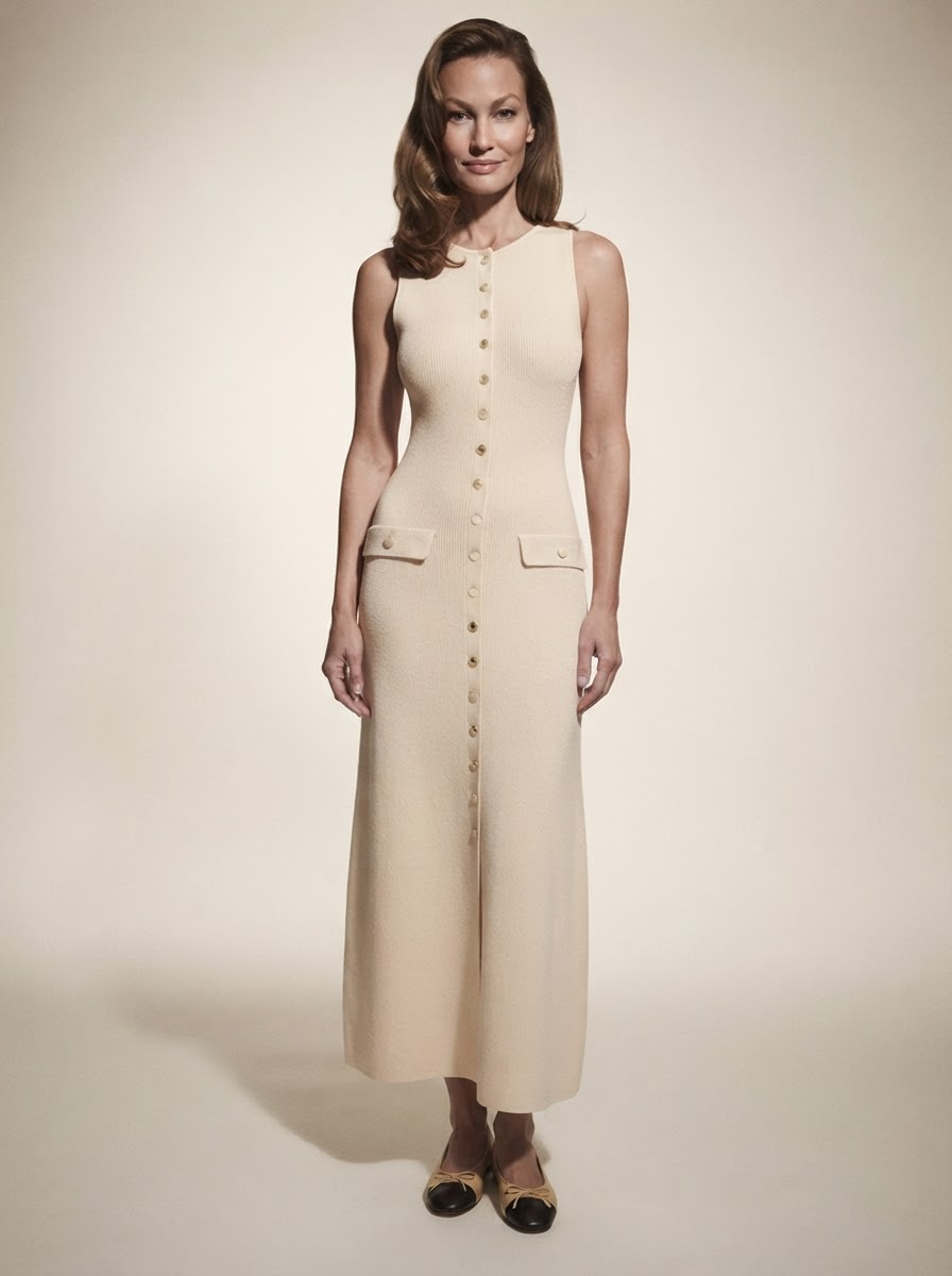 Model wearing apricot sleeveless knit maxi dress