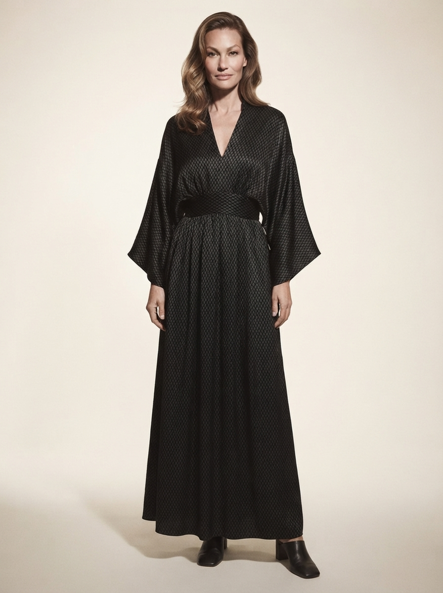 Model wearing black v-neck batwing sleeve maxi dress