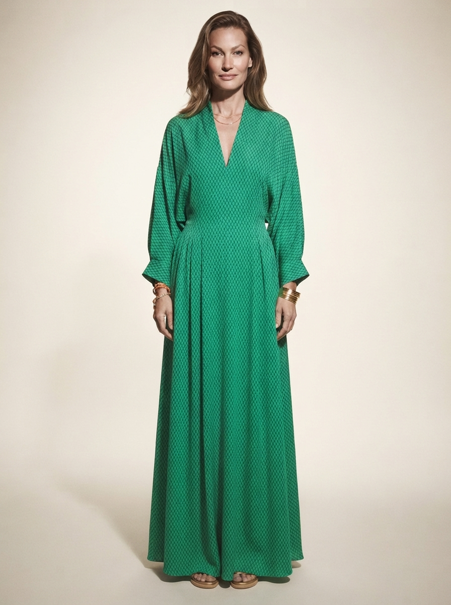 Model wearing green v-neck batwing sleeve maxi dress
