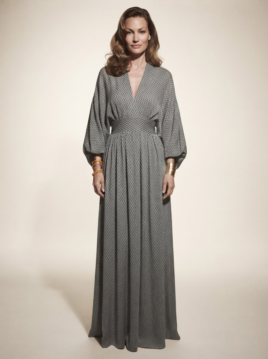 Model wearing grey v-neck batwing sleeve maxi dress