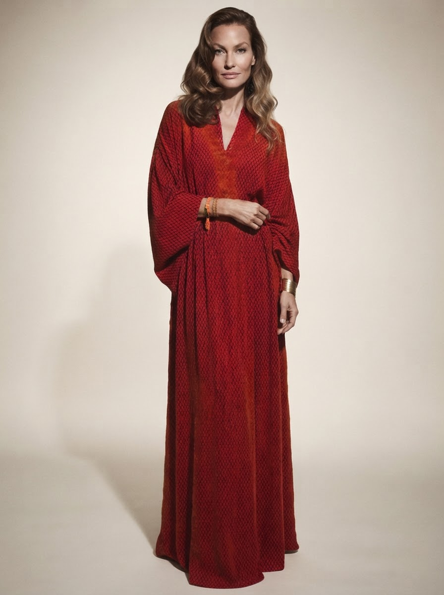 Model wearing red v-neck batwing sleeve maxi dress