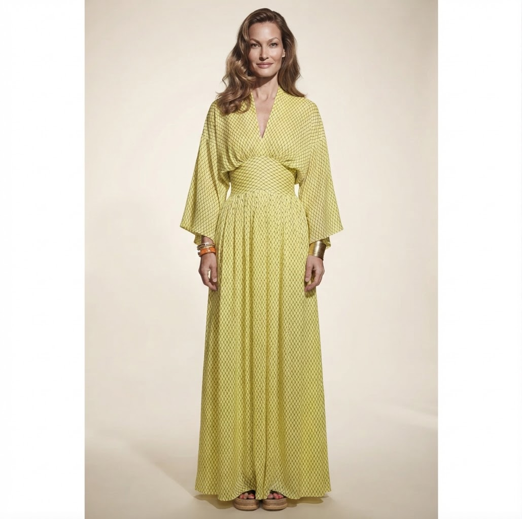 Model wearing yellow v-neck batwing sleeve maxi dress