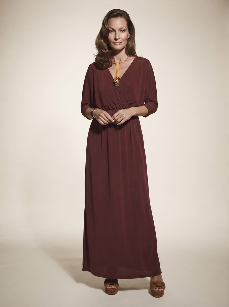 Model wearing wine red v-neck side-slit maxi dress