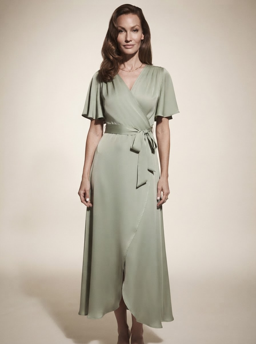Model wearing green v-neck split maxi dress