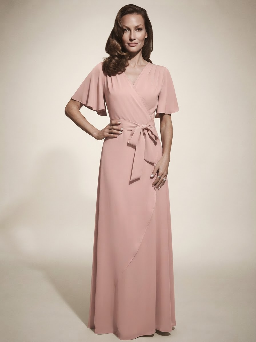 Model wearing pink v-neck split maxi dress