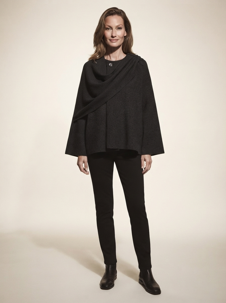 Model wearing black scarf-detail knit cardigan