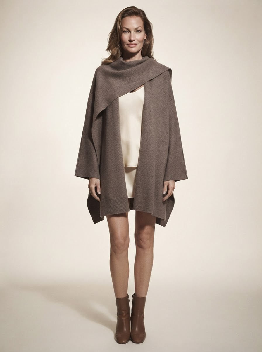 Model wearing coffee scarf-detail knit cardigan