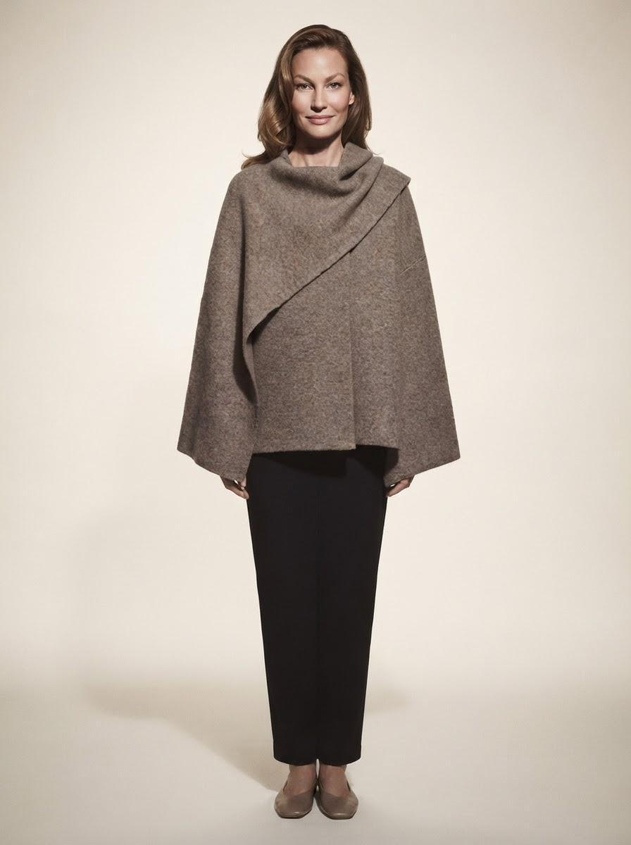Model wearing cape-style scarf-detail knit cardigan