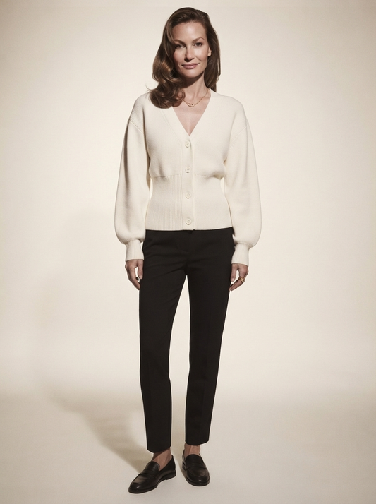 Model wearing white v-neck sweater