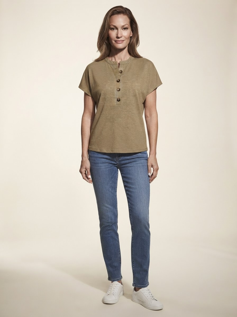 Model wearing khaki classic short sleeve t-shirt